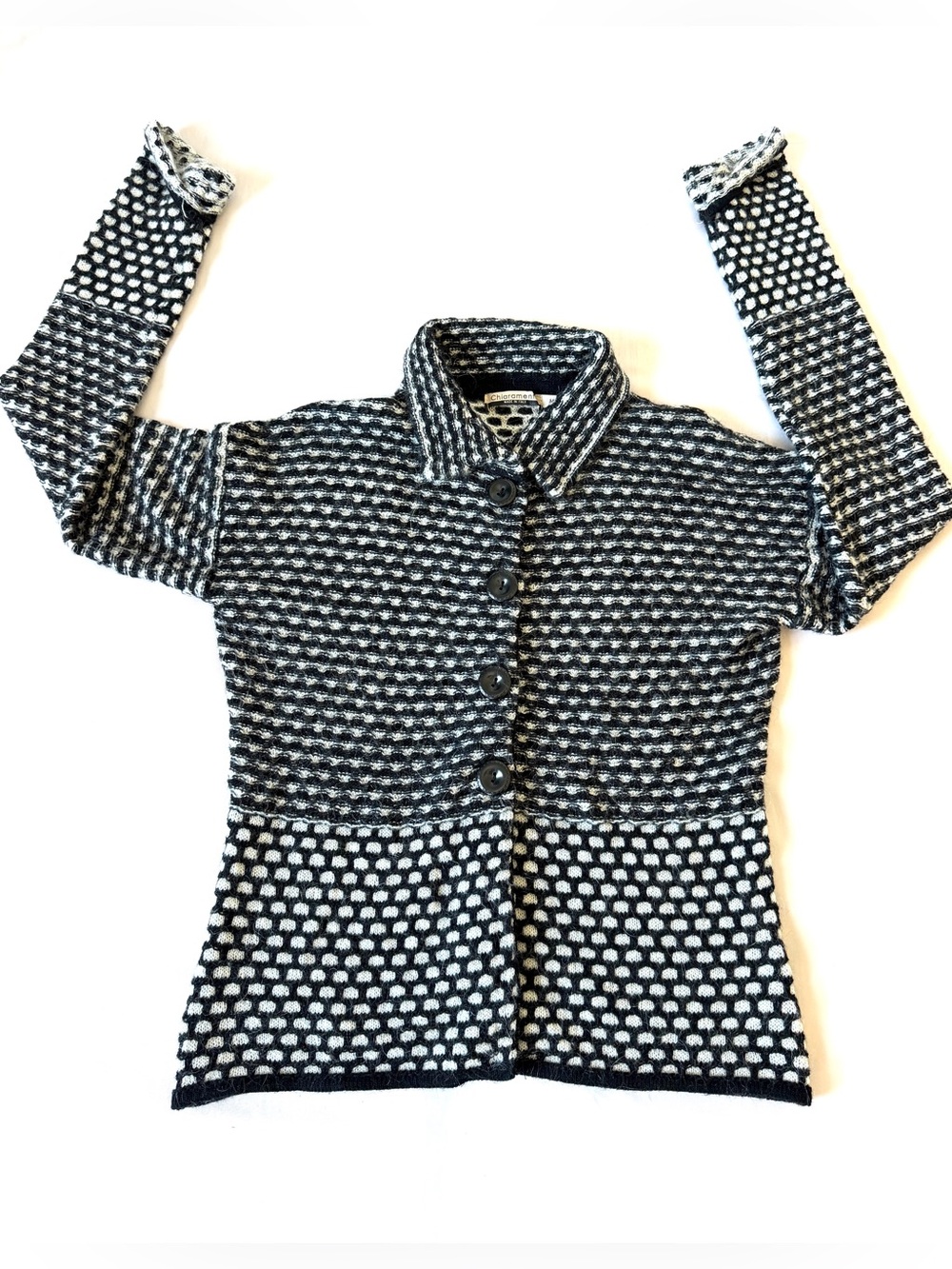 Chiaramente Black White Button Front Cardigan Sweater textured Collared sizs M